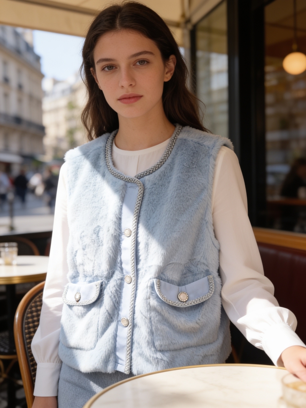 Light Blue Faux Fur Vest with Braided Trim